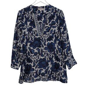 Johnny Was Workshop Embroidered Henley Voyager Tunic Womens Size XS Blue Floral